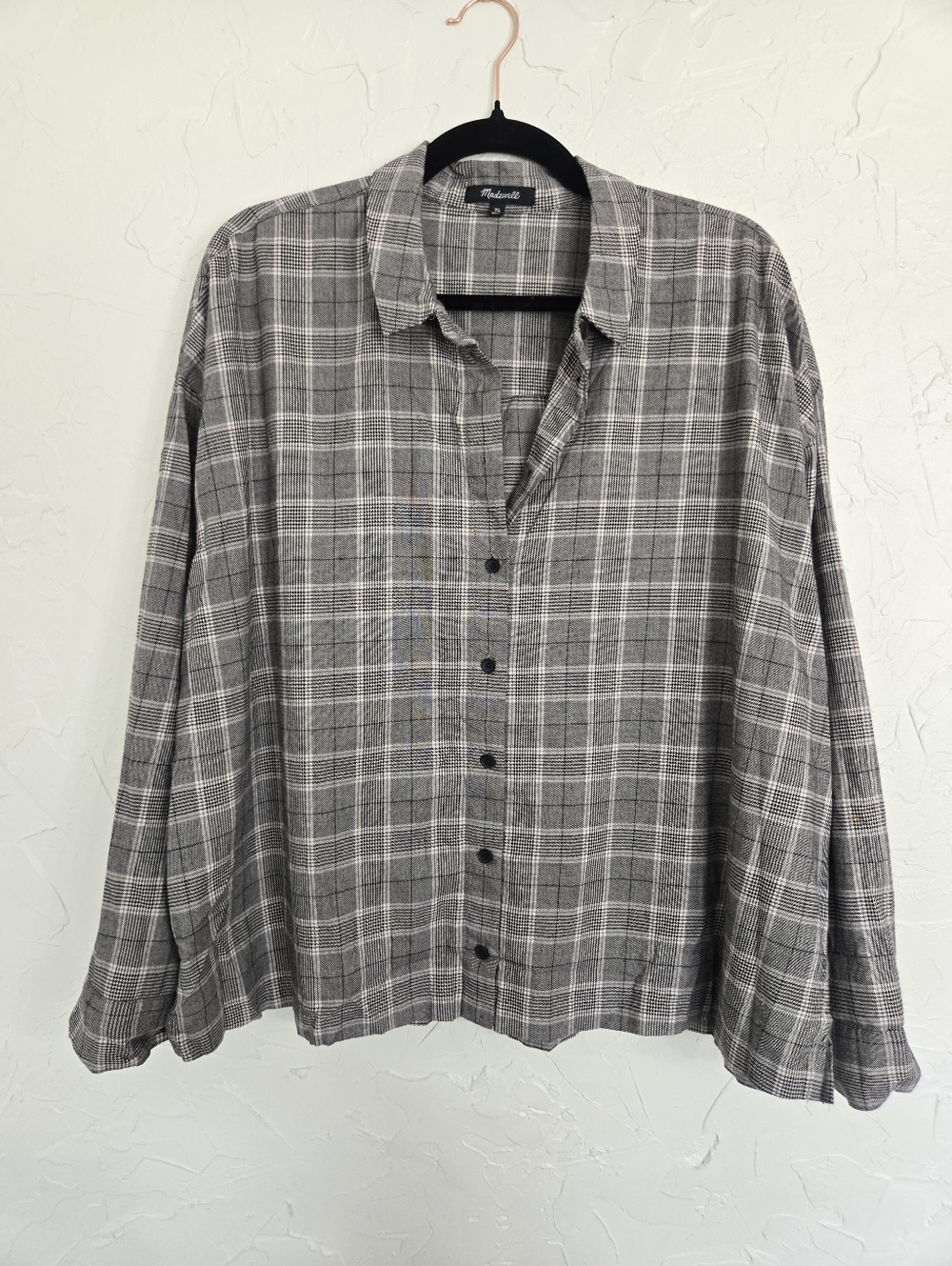 Madewell Plaid Gray Black Loose Button Up Top, XL - Picture 2 of 12